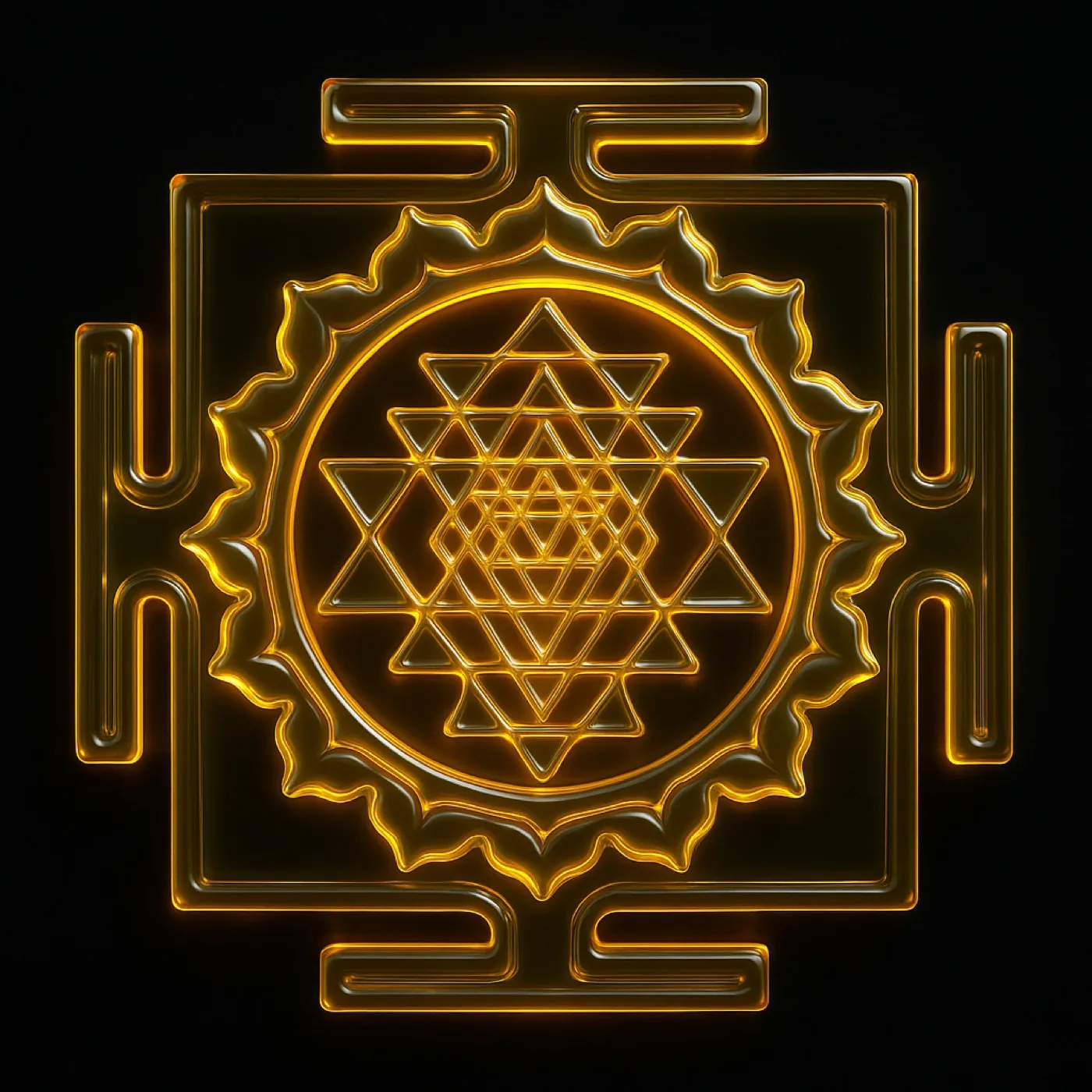 A precise geometric yantra diagram, concentric shapes in red and black.