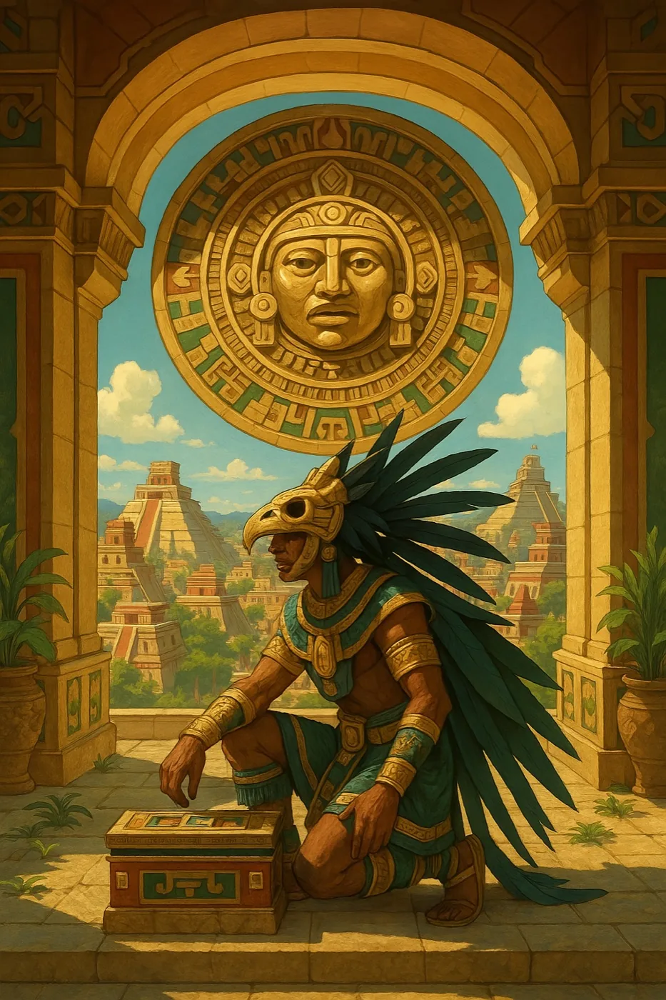 An Aztec eagle warrior rendered in stone against a deep red field.