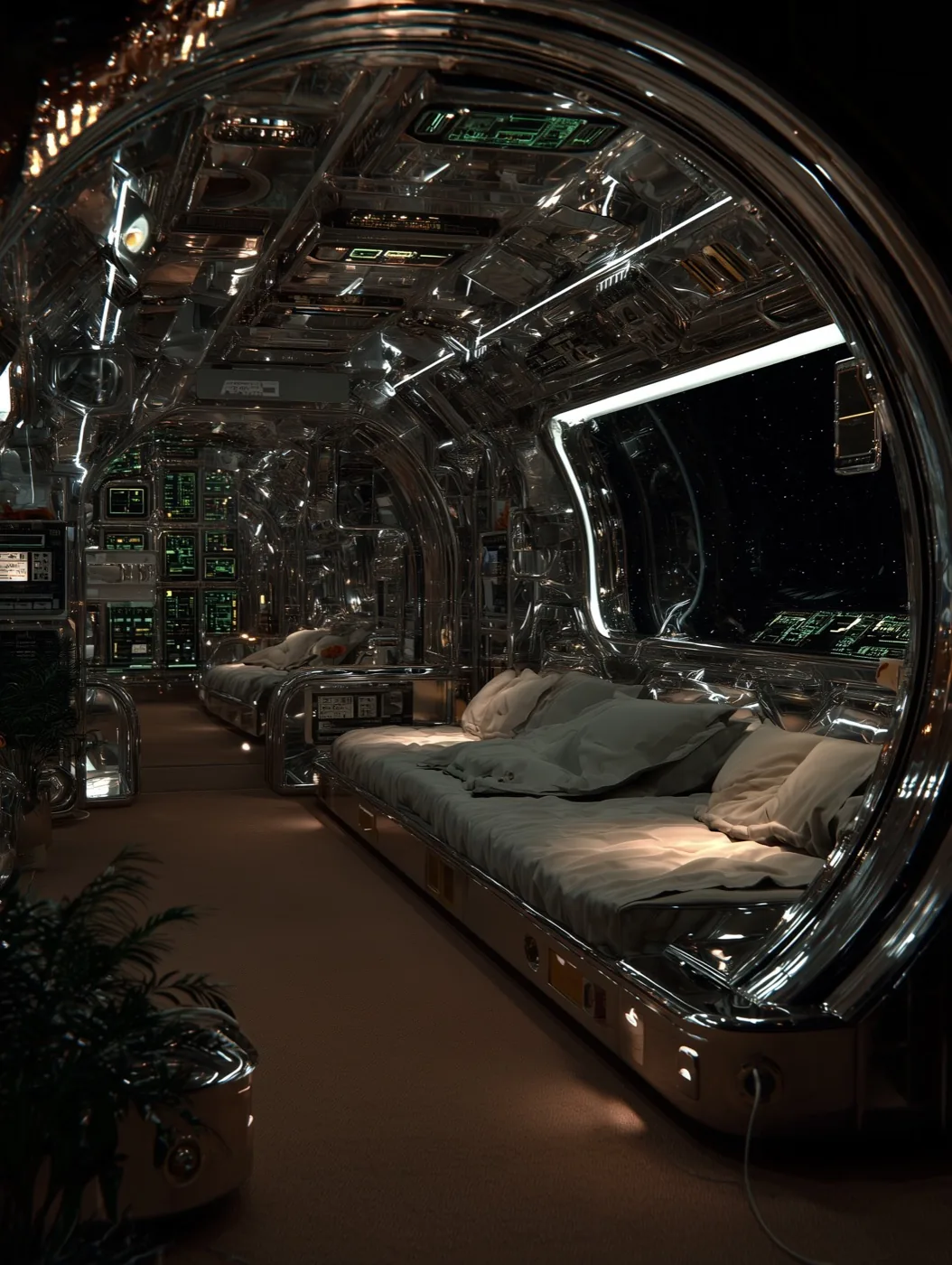 A skeleton in a spacesuit playing guitar in an abandoned spacecraft.