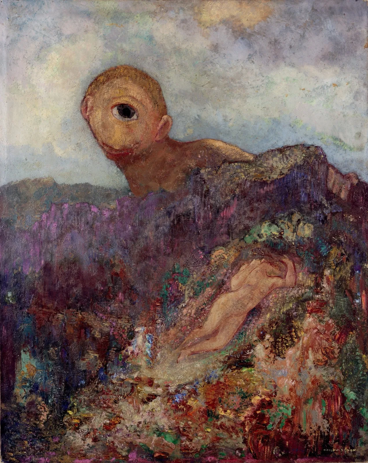 Odilon Redon, The Cyclops: a one-eyed giant peering over a flowered hillside at a sleeping figure.