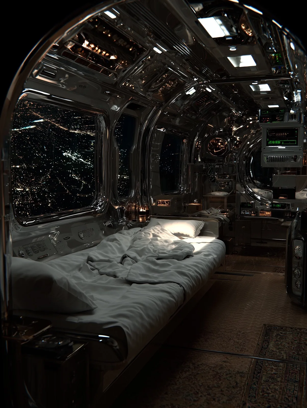 A chrome trailer cabin at night, knobs and a green scope, city lights in the window.