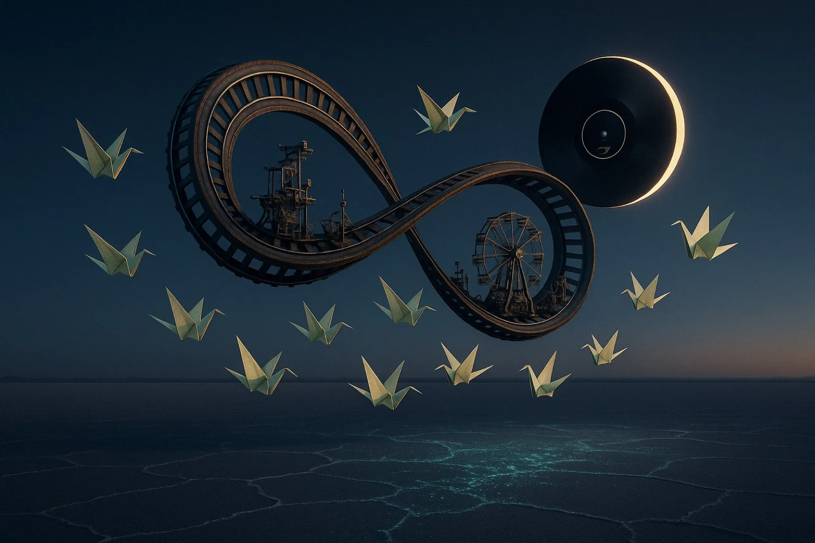 A metal möbius track in a dark salt flat, origami cranes, a vinyl record as an eclipse.