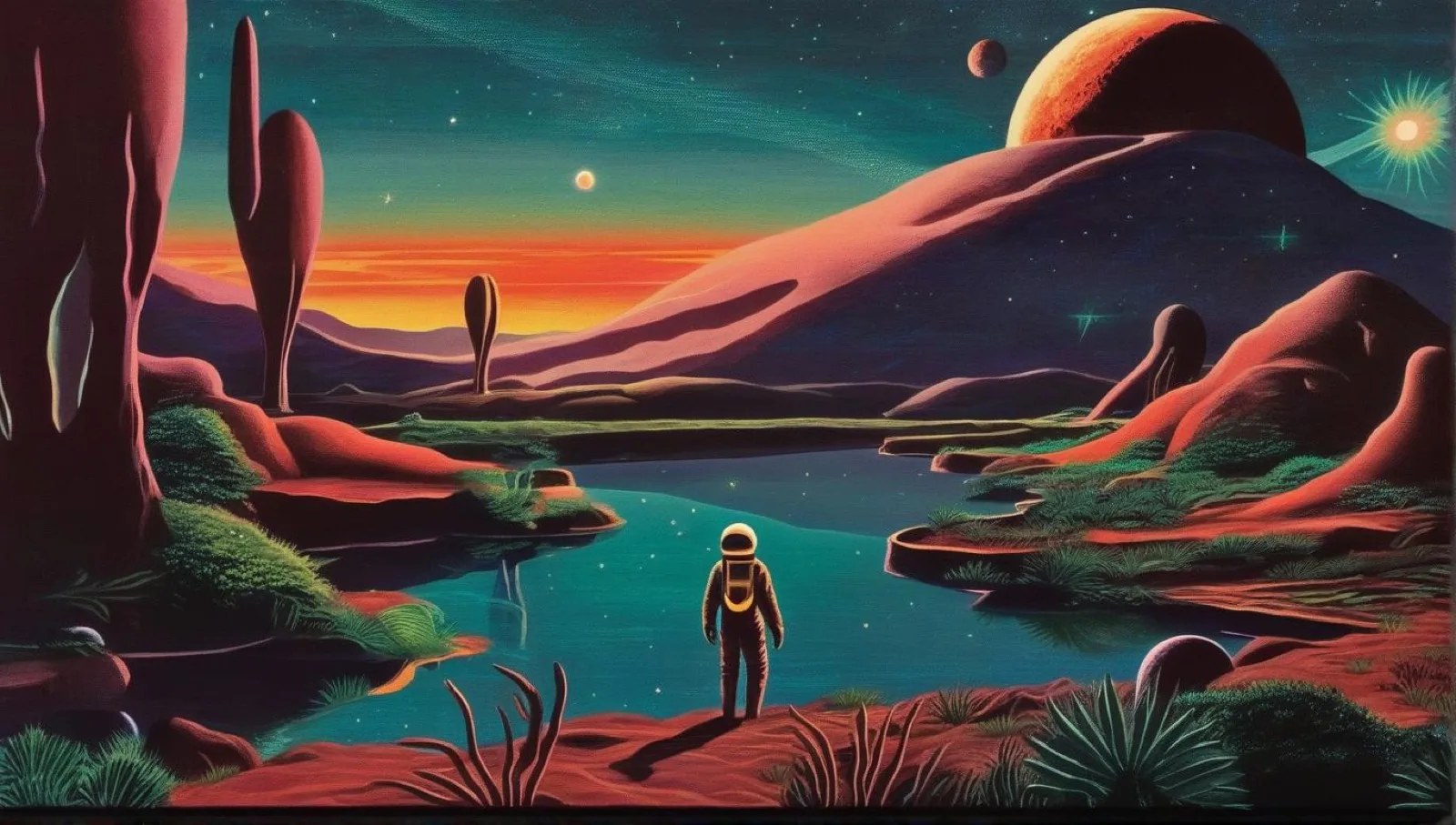 An astronaut on the shore of a teal lake under an orange planet.
