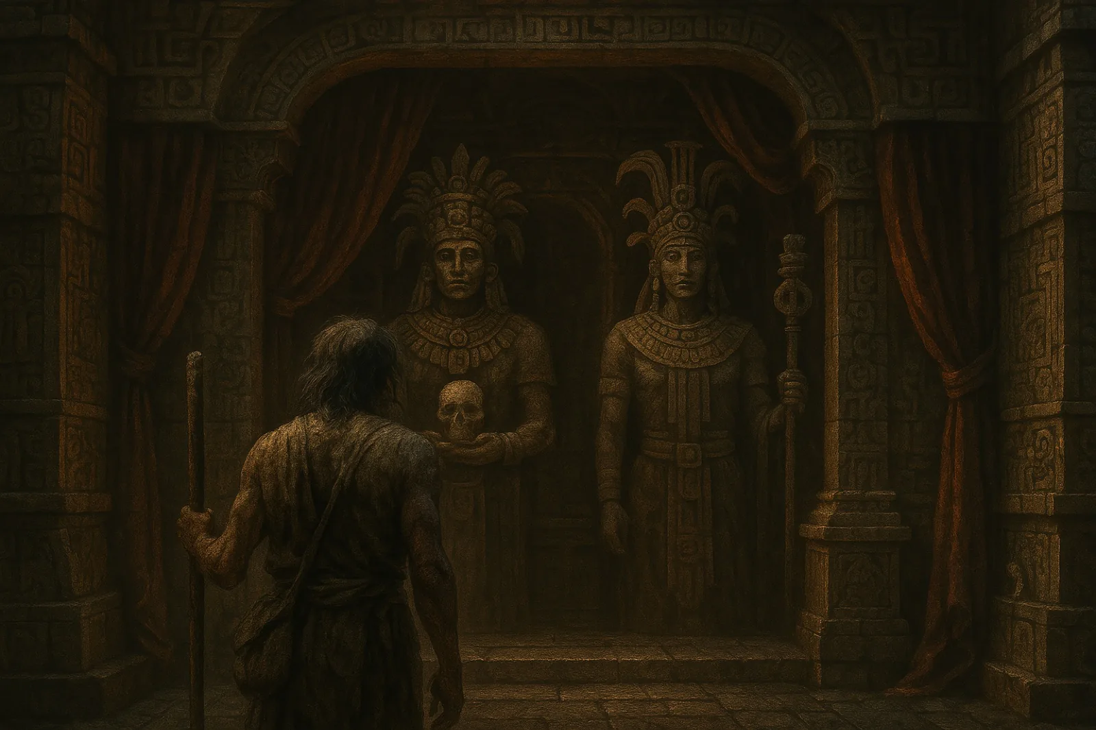 A traveler standing before two stone temple statues in a dark hall.