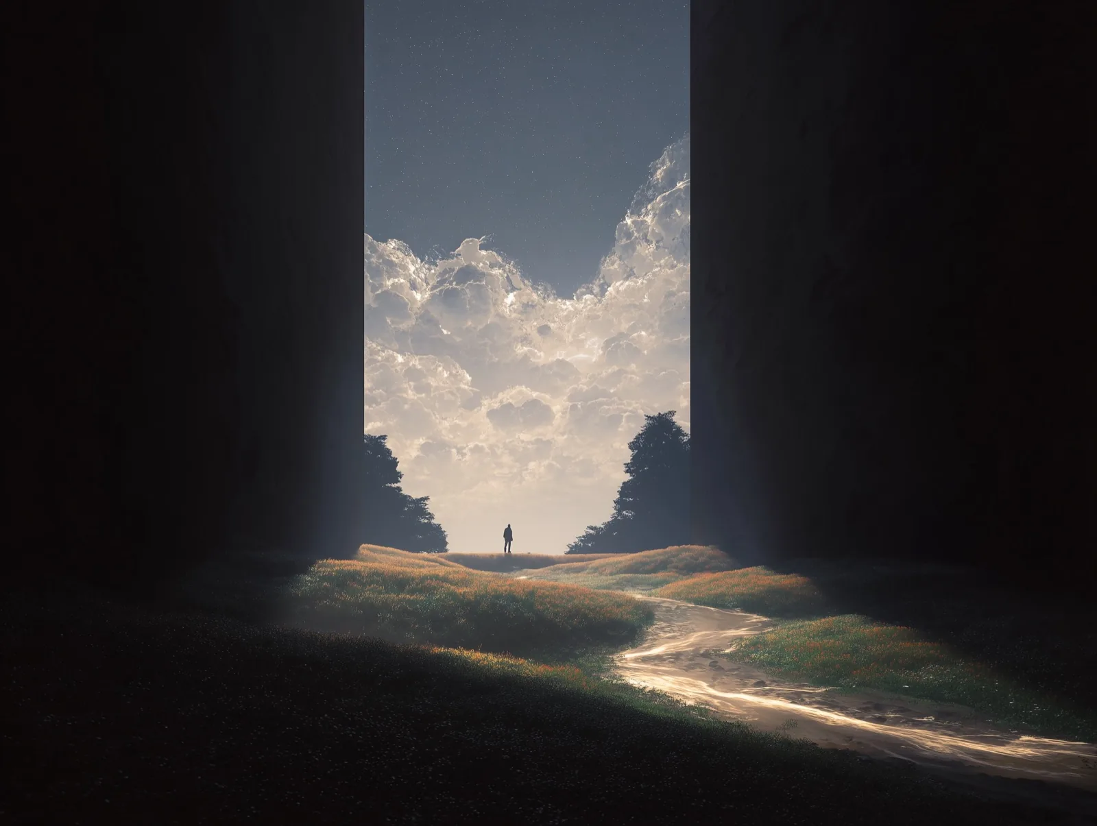 A small figure on a hill, framed by dark monoliths, clouds stacked like a wall.