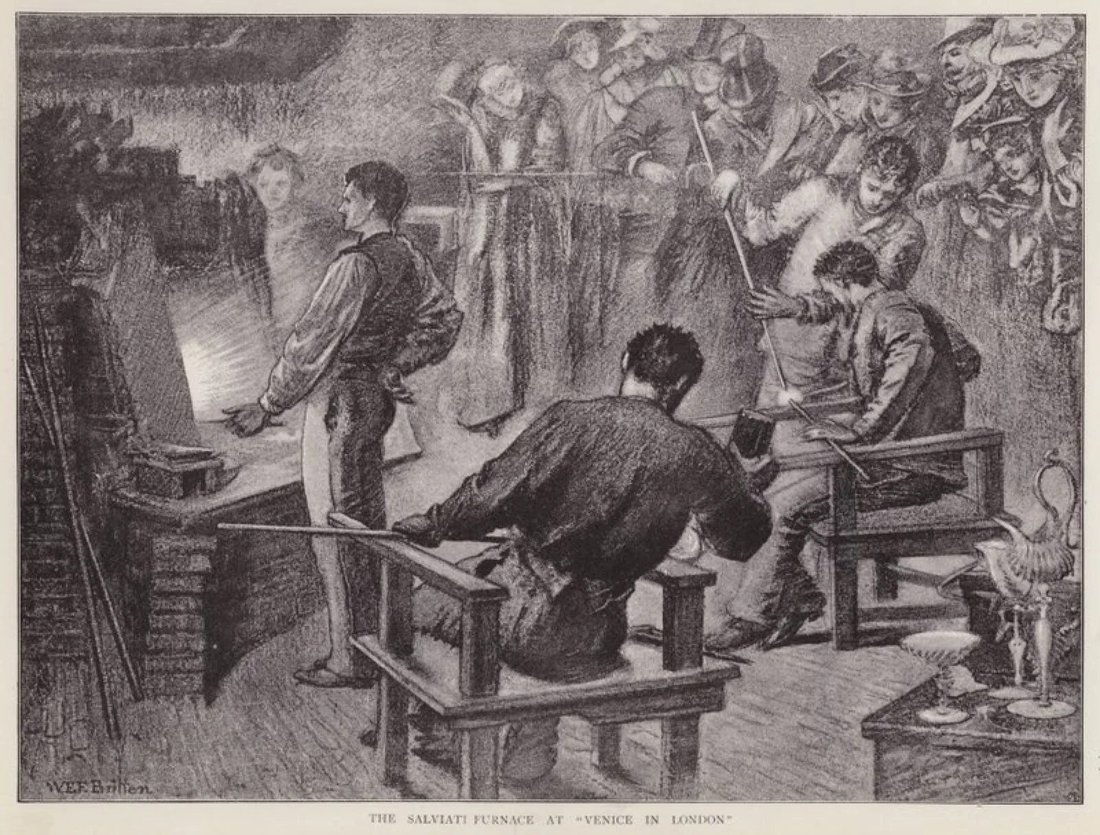 Nineteenth-century painting of Italian glassmakers at a furnace.