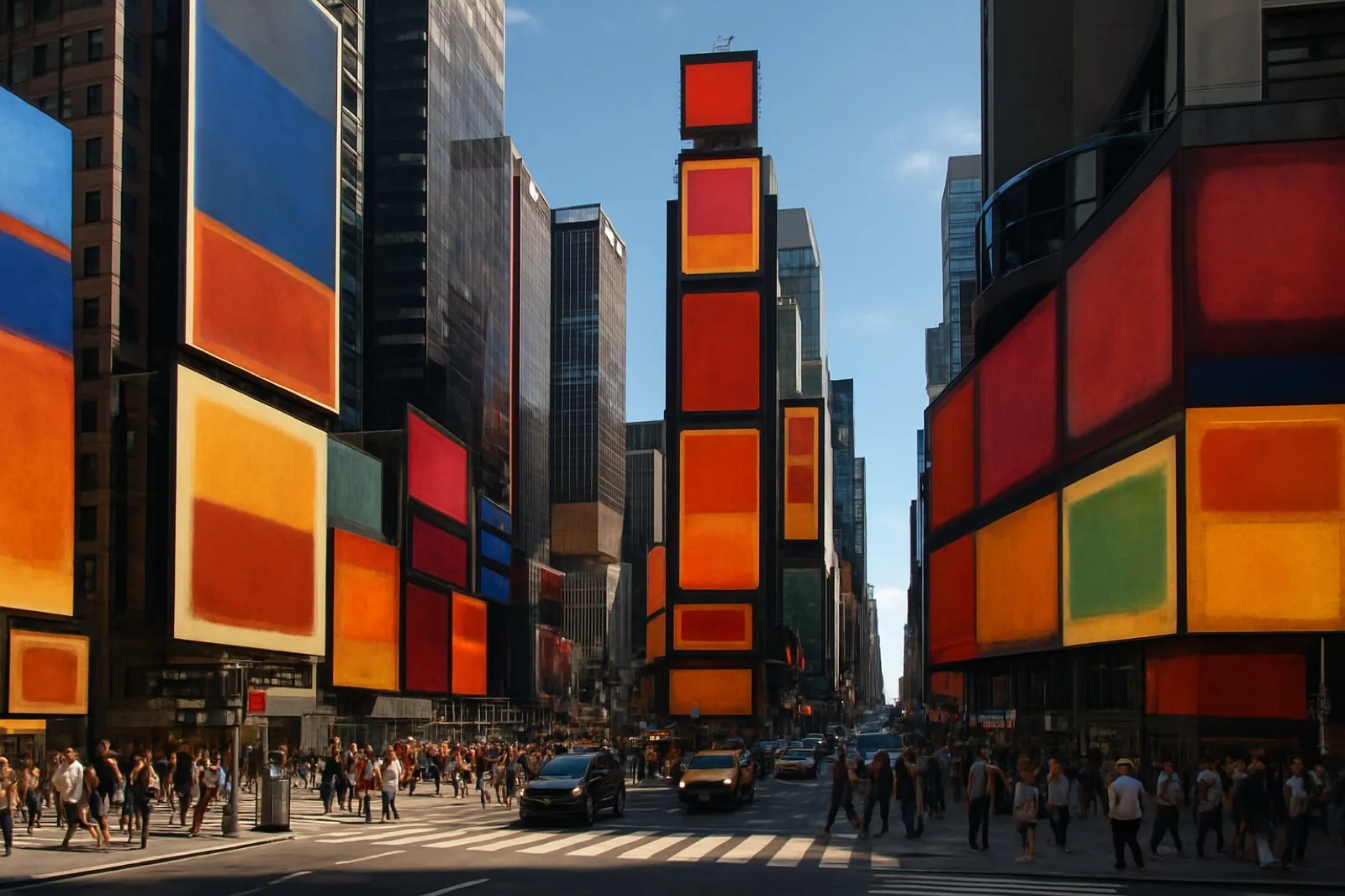 A city street where the billboards have been replaced with Rothko color fields.