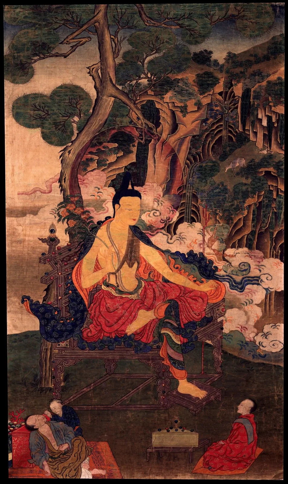 Maitreya seated on a throne beneath a pine, attendants below, mineral colors on silk.