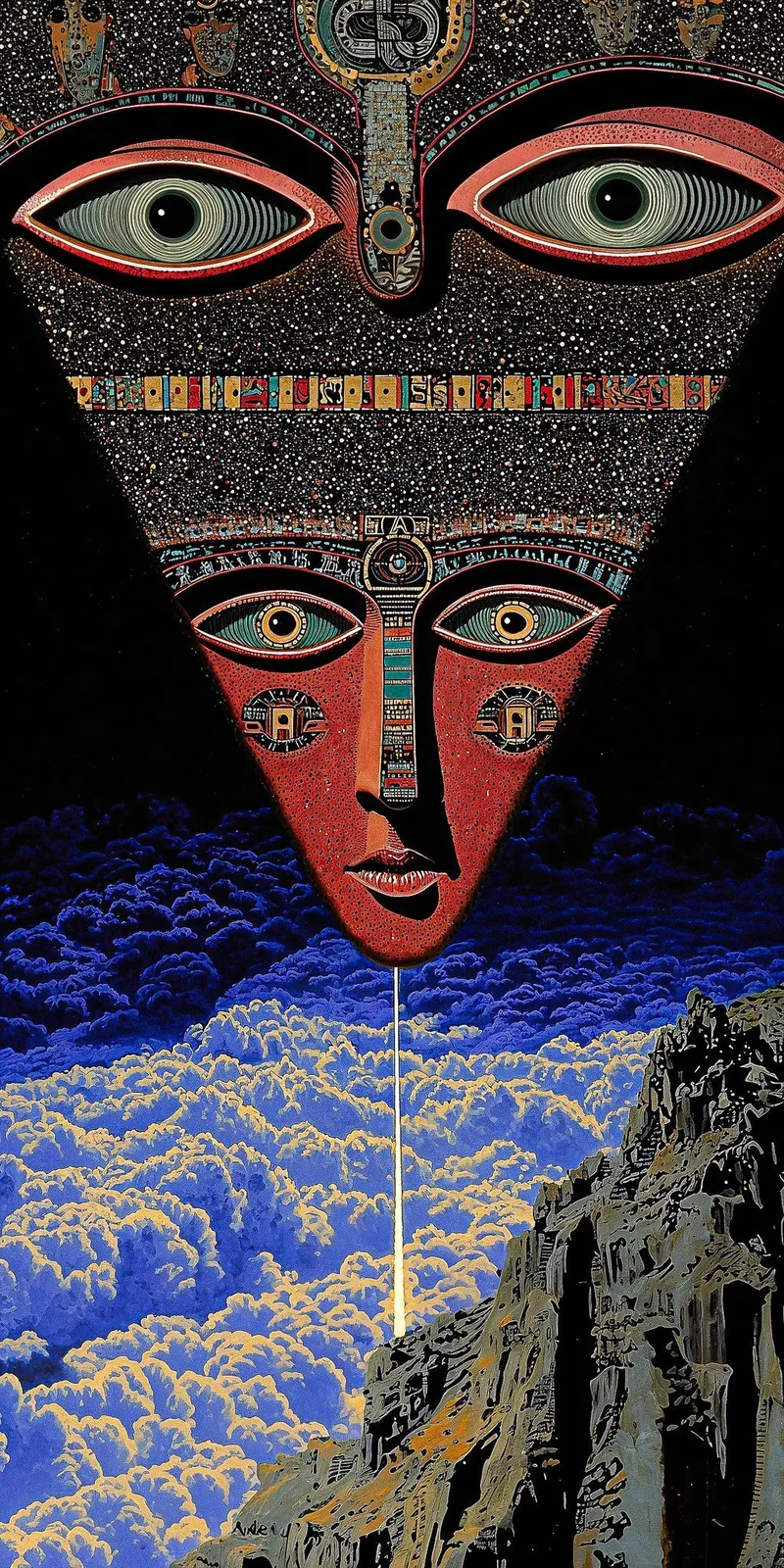 An inverted triangular mask of eyes sending a thin white beam down through clouds into mountains.