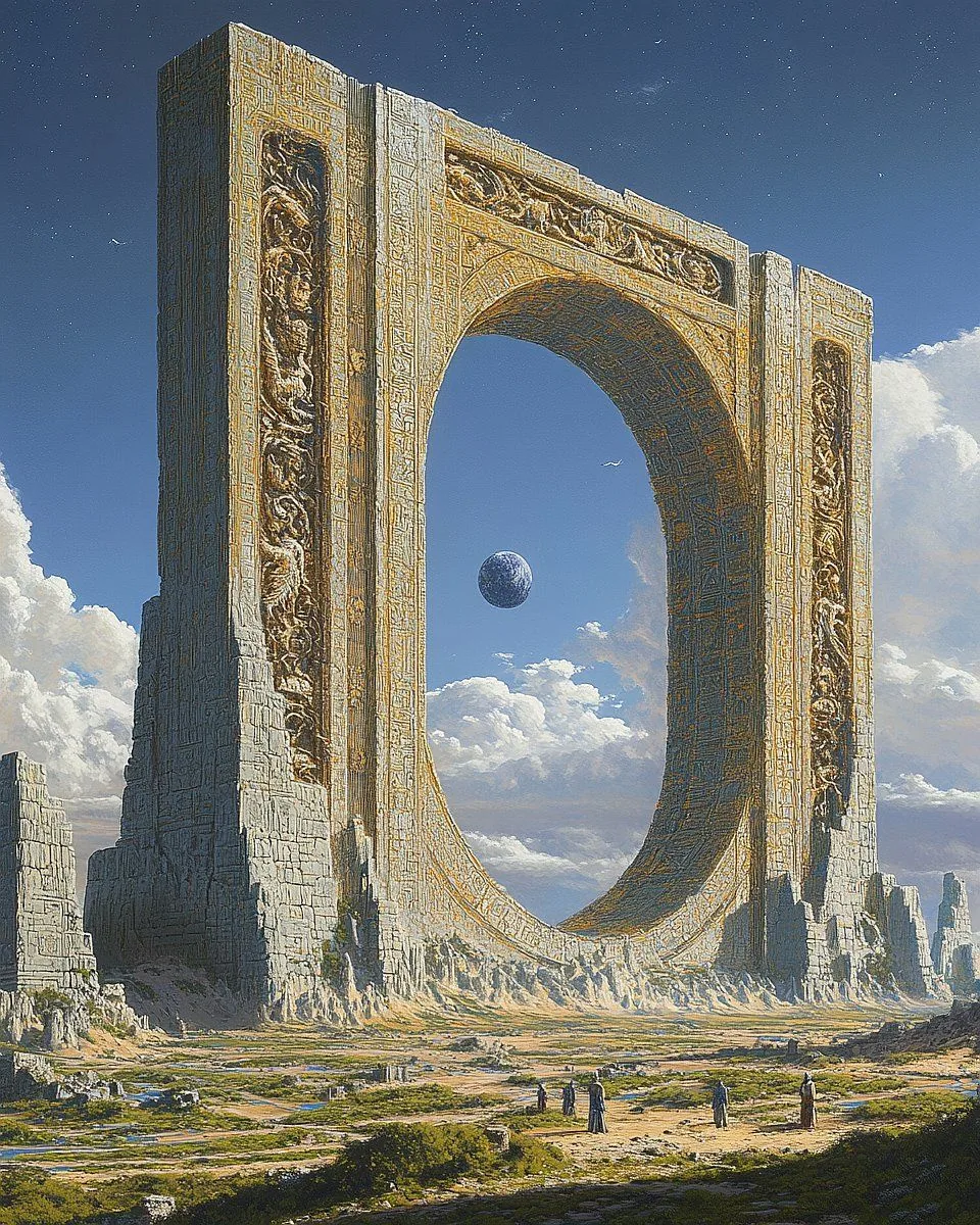 A colossal carved stone arch in a desert, a blue planet hanging in its circular opening.