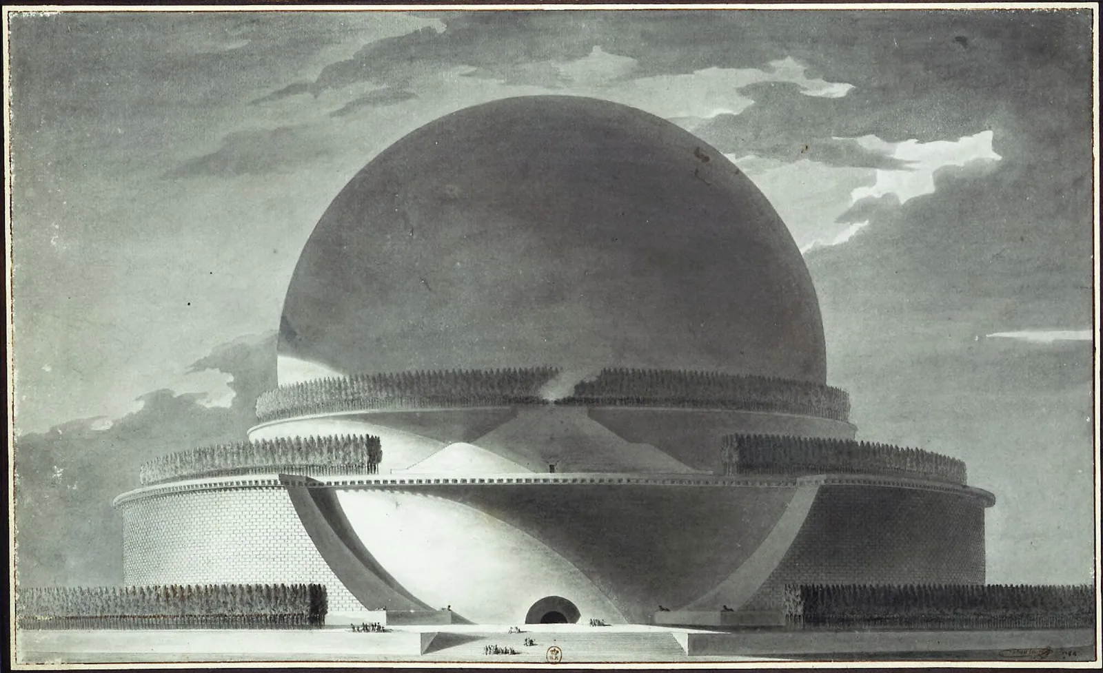 Boullée's unbuilt Cenotaph for Newton: a colossal sphere on a cypress-ringed base, 1784.