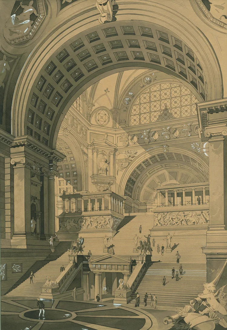 A monumental neoclassical interior: coffered arches, grand staircases, tiny figures for scale.