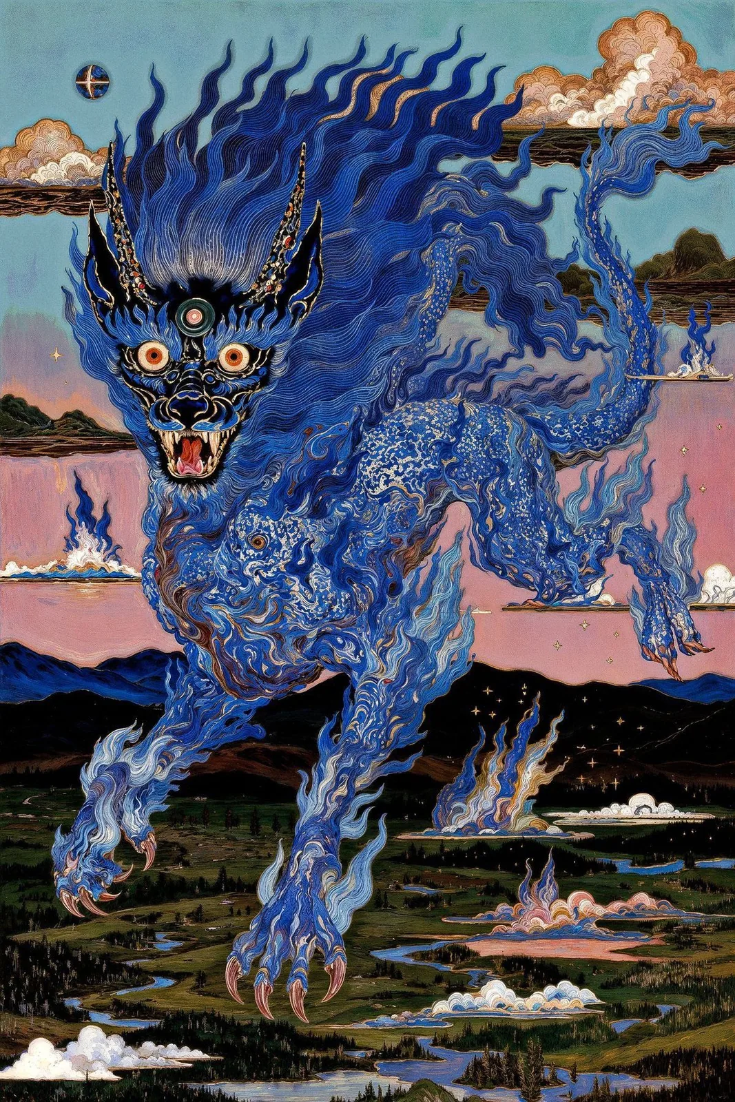 A blue flaming beast with a third eye leaping over a miniature landscape of rivers and mountains.