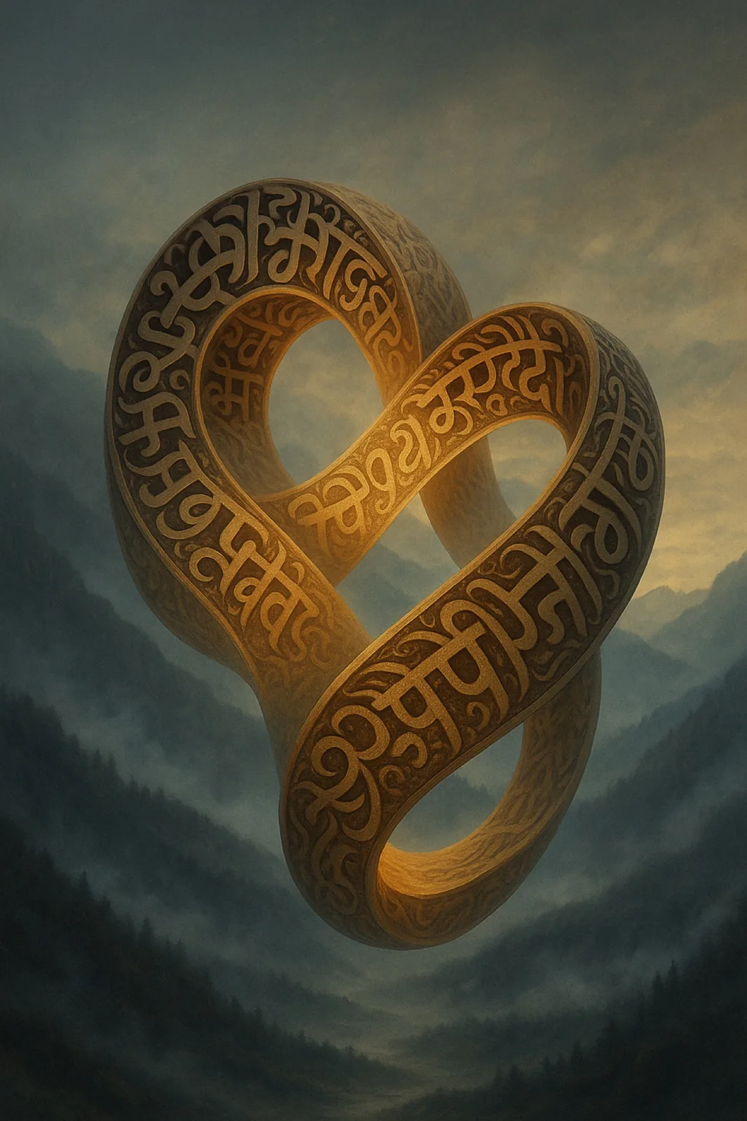 A Devanagari-carved knot floating in a misted Kashmir valley.