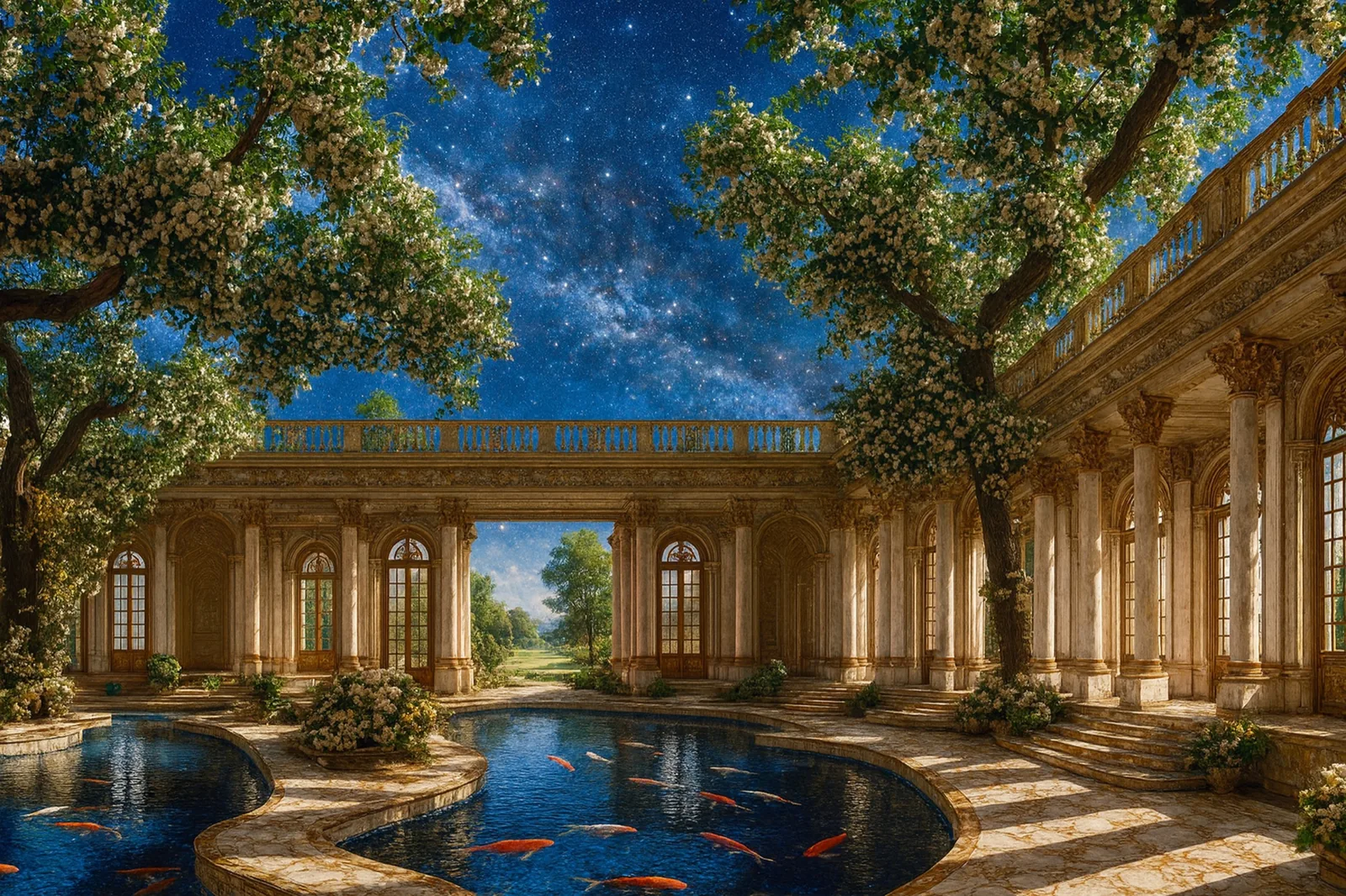 A marble courtyard with a koi pond, night sky open above the columns.
