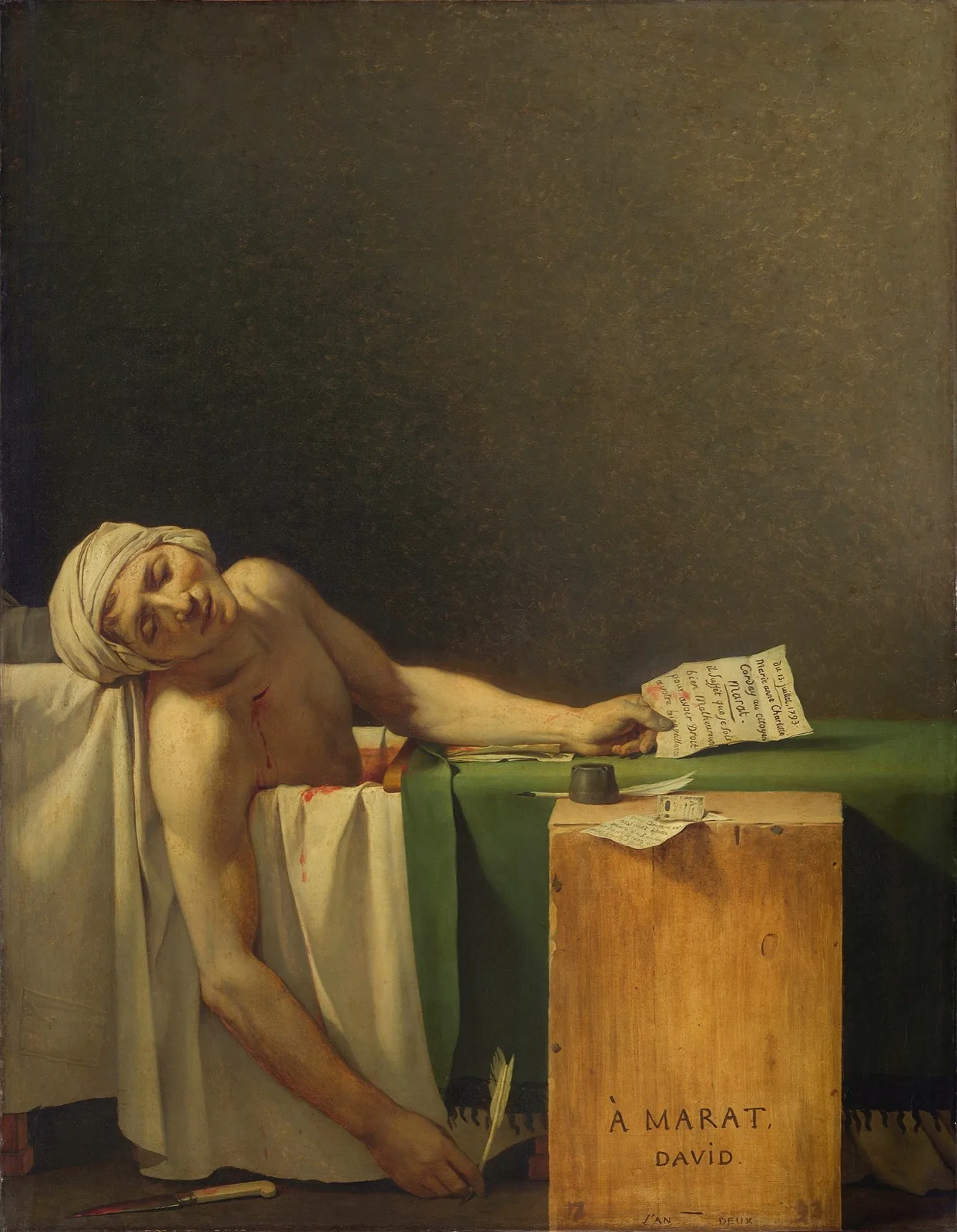Jacques-Louis David, The Death of Marat: Marat dead in his bath, quill still in hand.