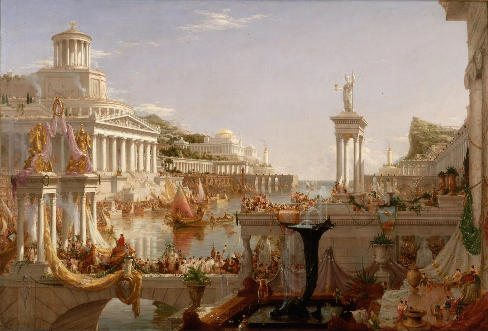 Thomas Cole, The Consummation of Empire, 1836: a marble city at noon, crowded with ships.