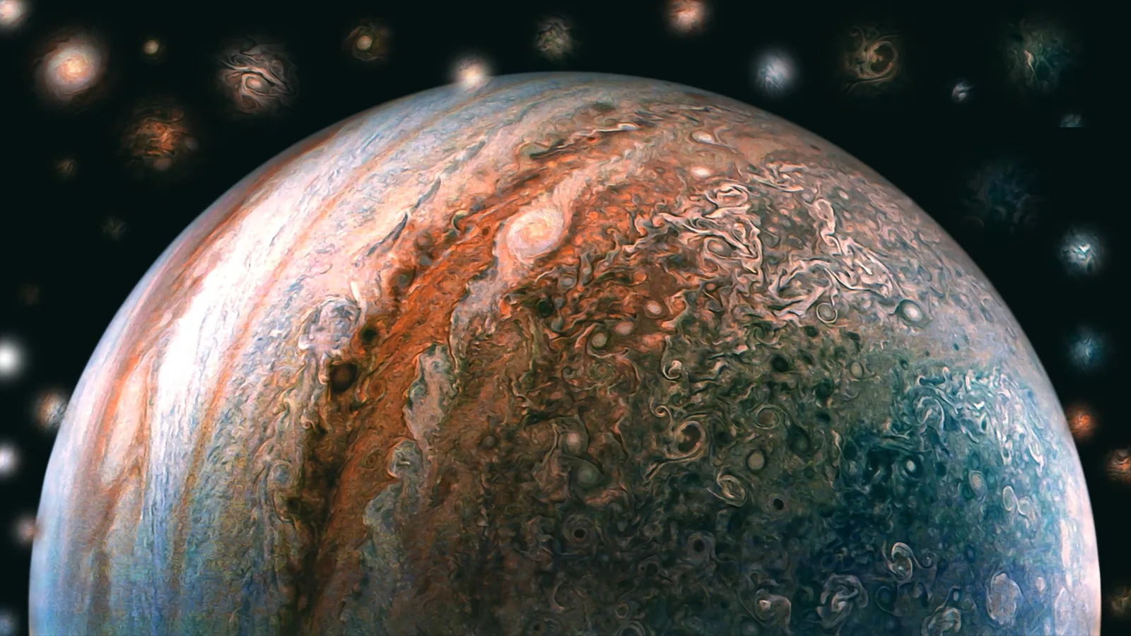 Jupiter's cloud bands against a field of distant galaxies.