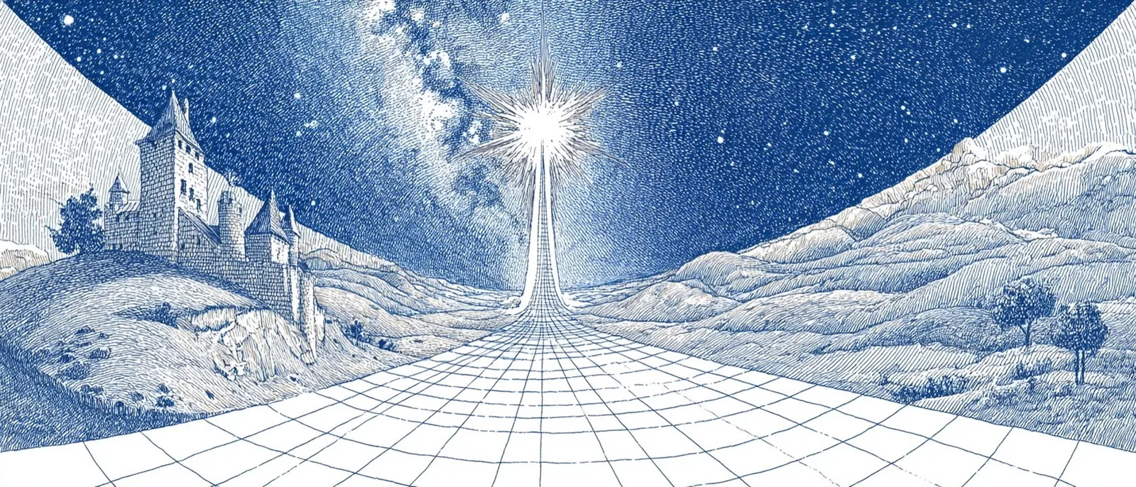 A blue engraving: a perspective grid leading to a star, a castle on the left.