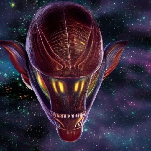 A maroon, ridged alien head with four gold eyes, floating against a magenta nebula.