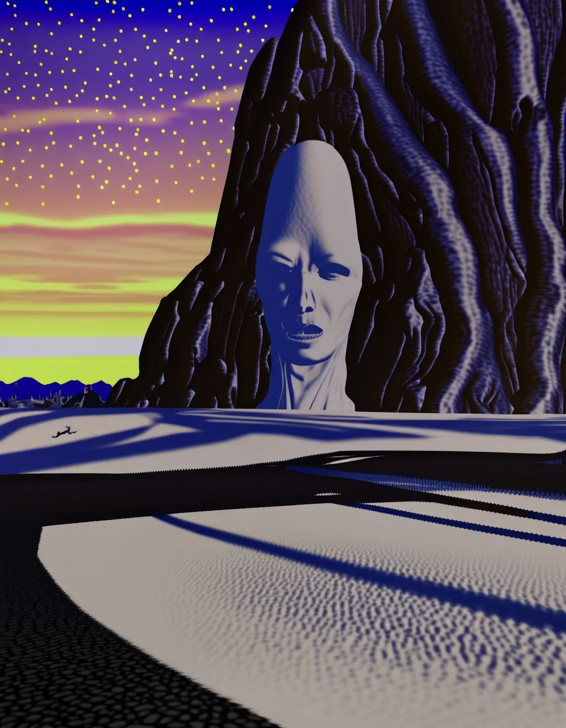 A pale elongated face set into a dark monolith, a small animal crossing a lime-green plain.