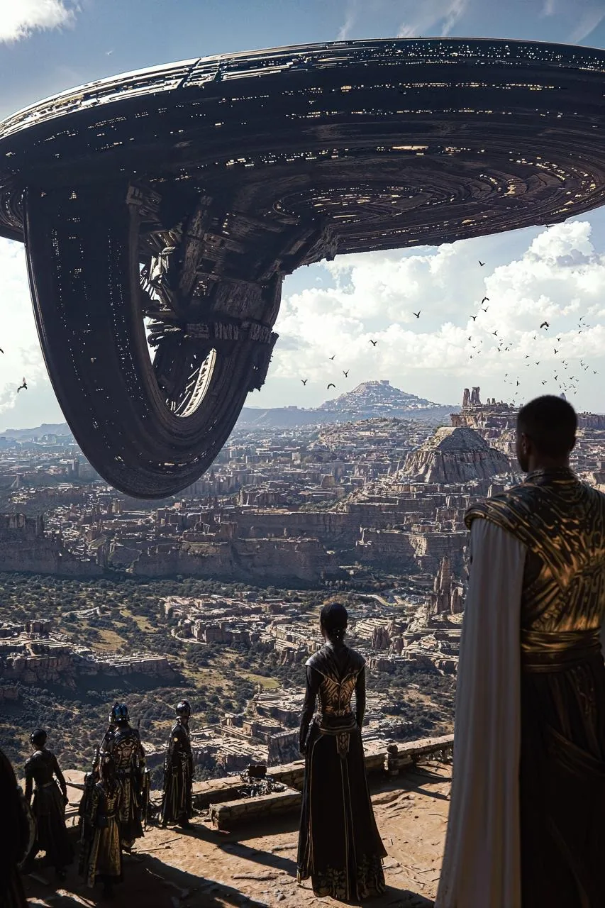 Figures on a stone balcony watching a canyon city under a vast hovering circular craft.