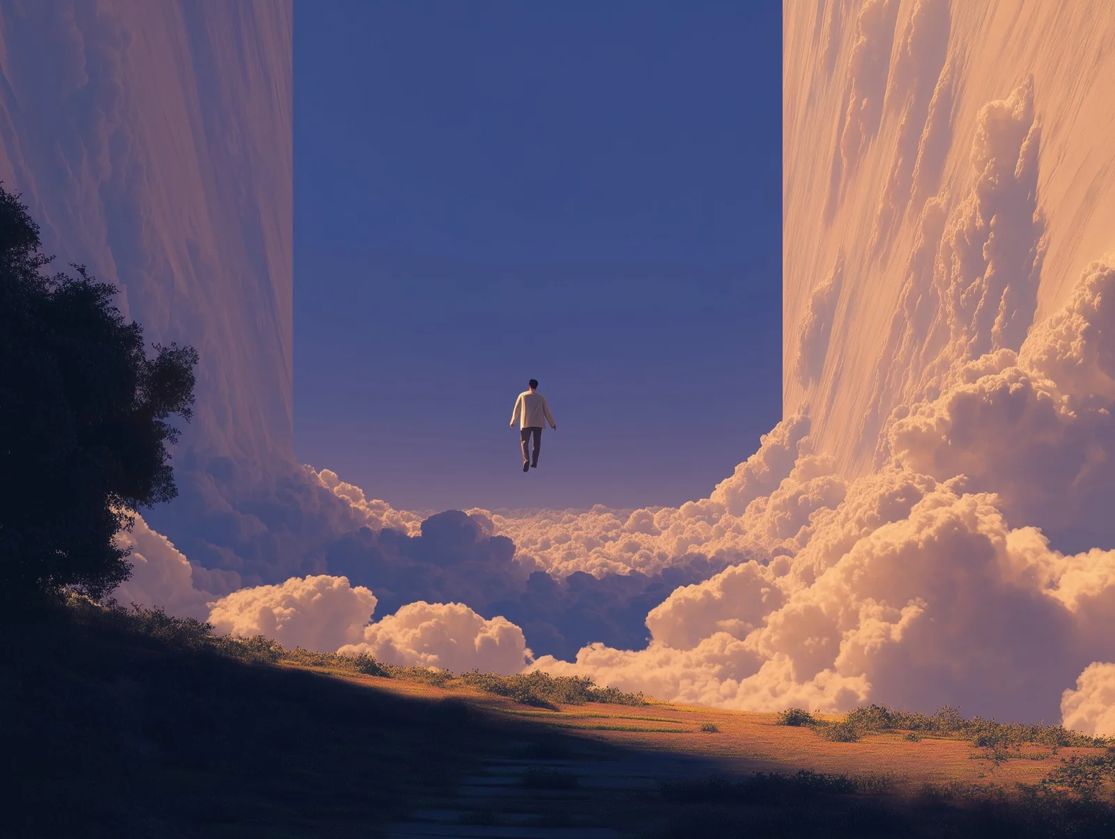 A man floating between two vertical cloud walls above a sea of lit cumulus.