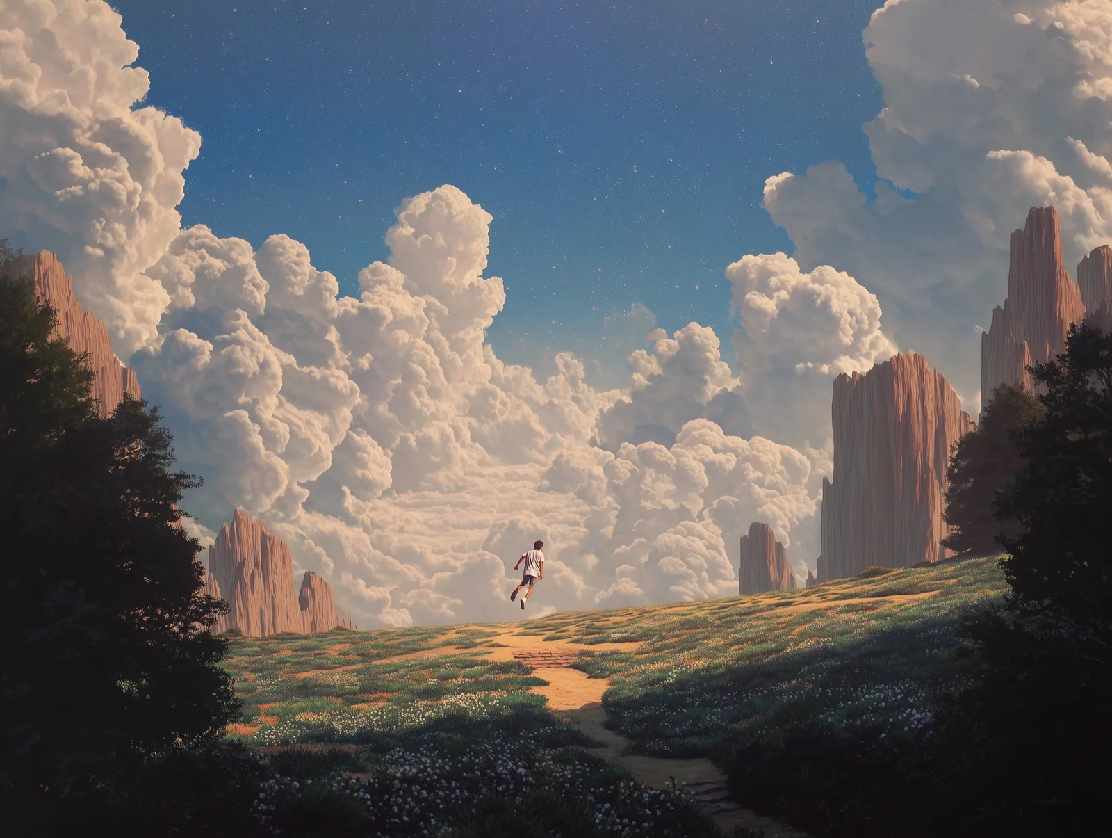 A figure jumping over a flowered meadow toward a wall of clouds and gold rock spires.