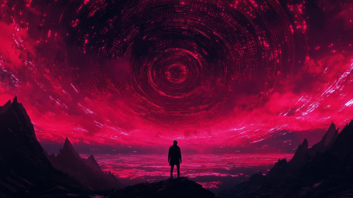 A silhouette on a ridge under a swirling red sky of digital star-trails.