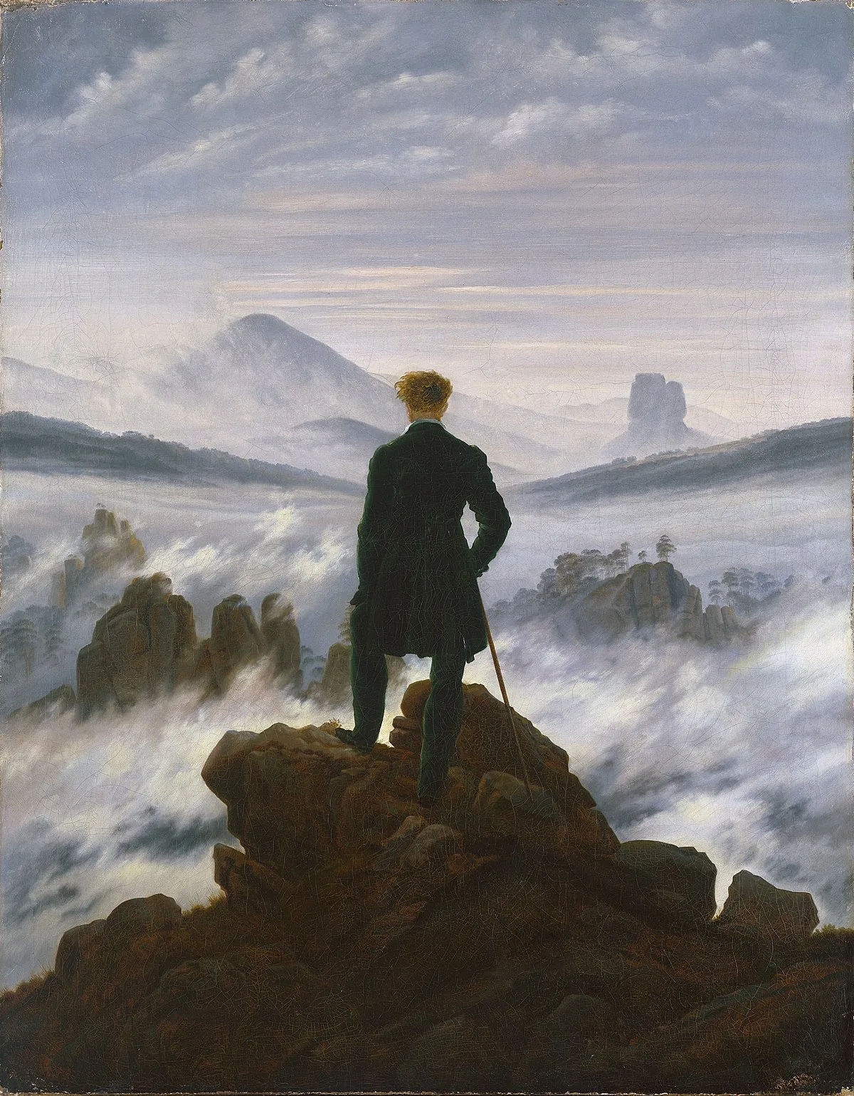 Caspar David Friedrich, Wanderer above the Sea of Fog: a man on a crag looking over misted mountains.