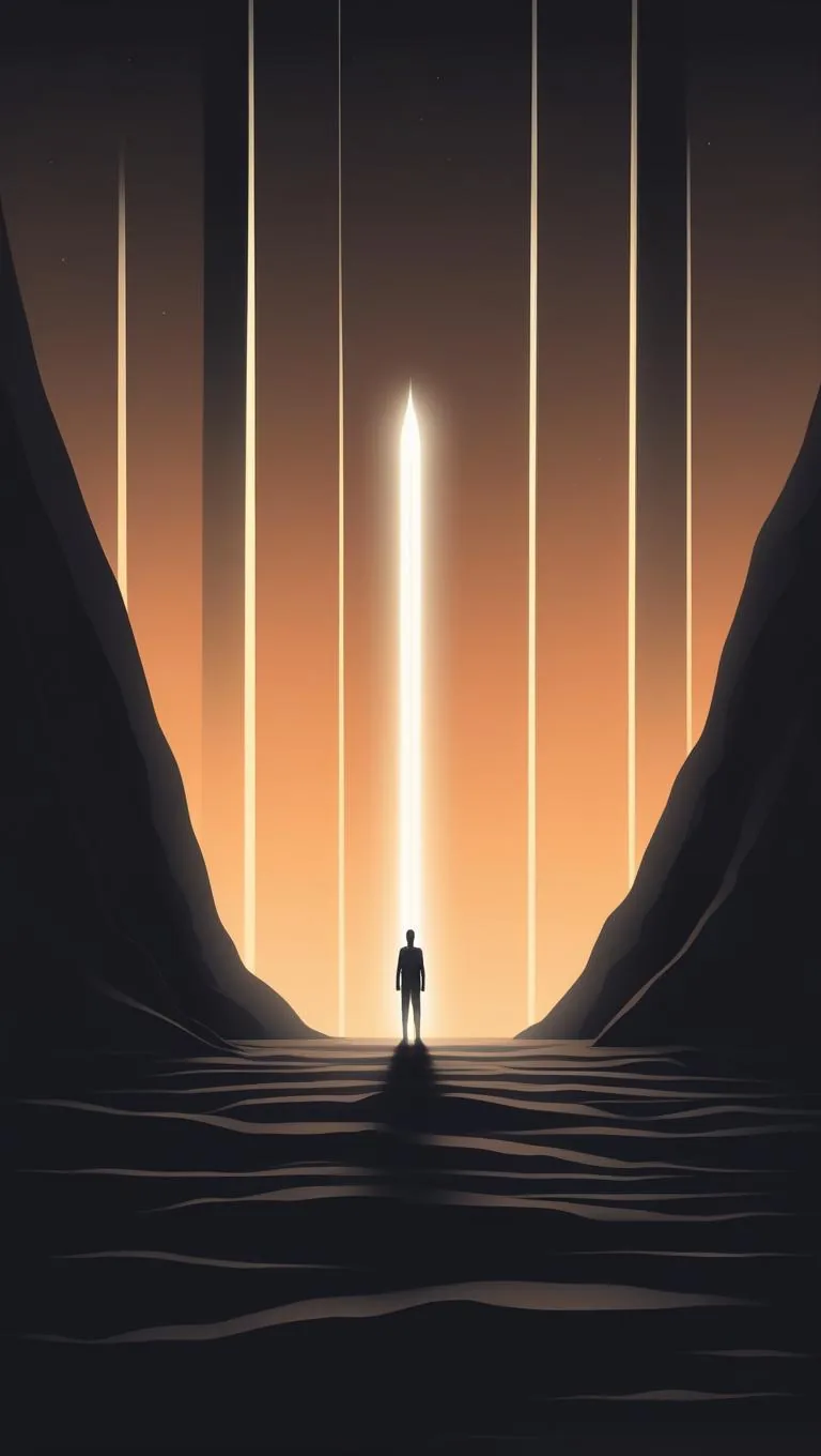 A dark silhouette walking a vertical beam of white light between two cliffs.