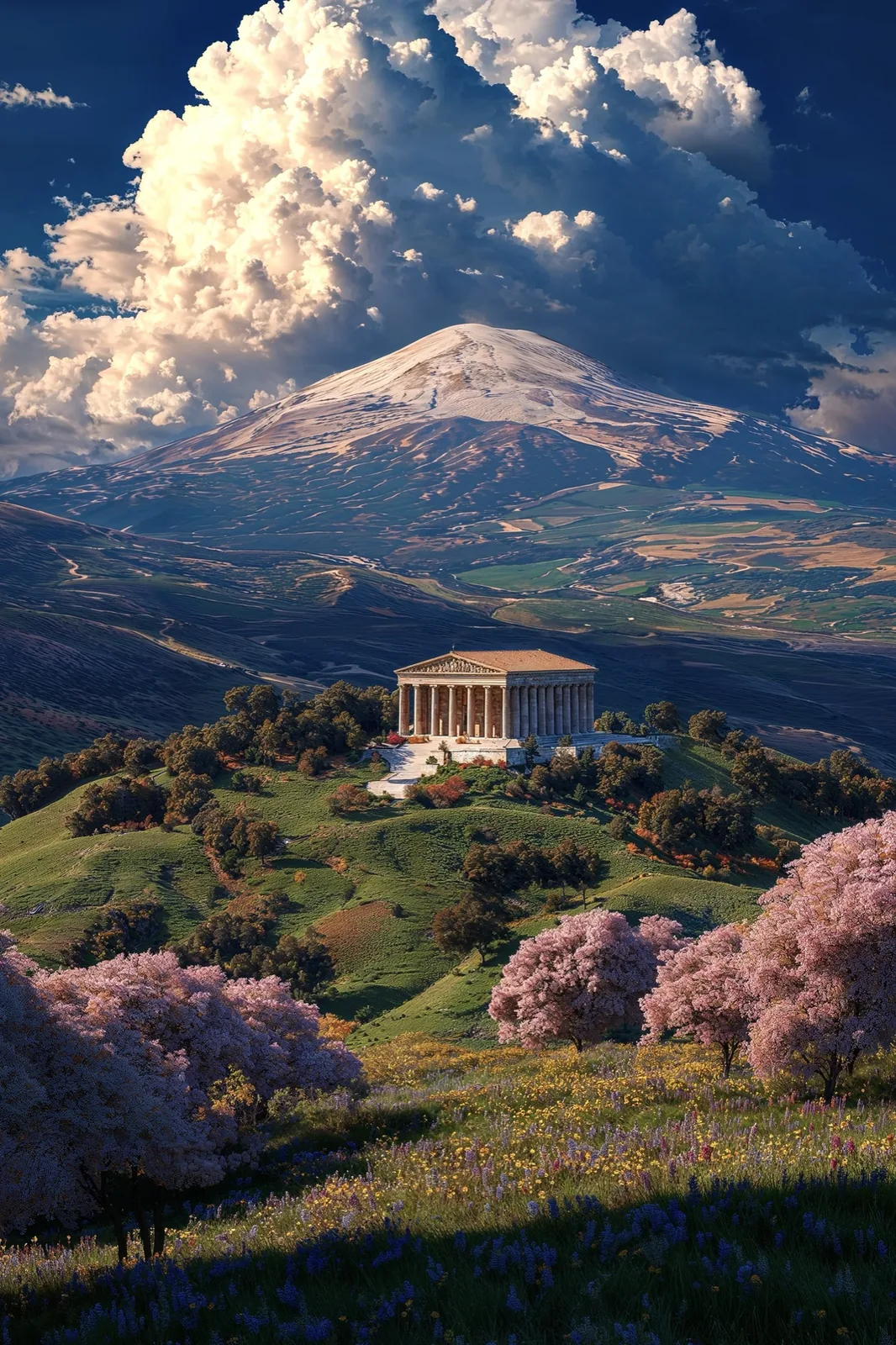 A Doric temple on a flowered hill, pink trees in the foreground, a snow peak behind.