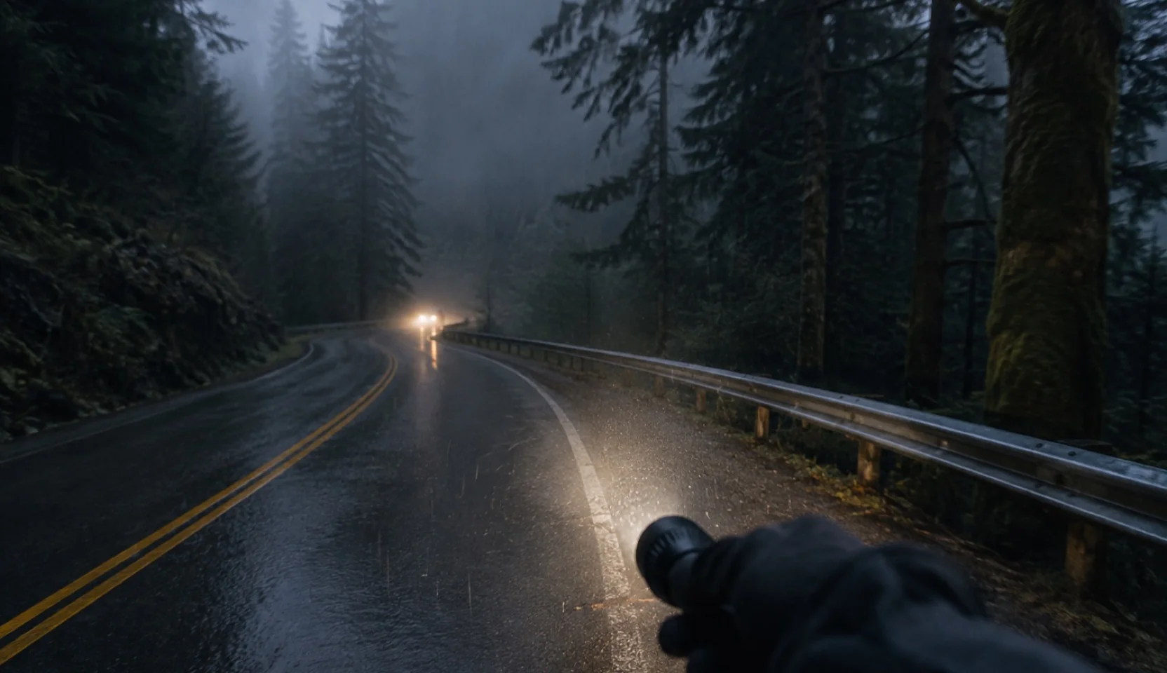 First-person view on a wet mountain highway at night: a gloved hand holding a flashlight, fog between the firs, headlights on the bend.